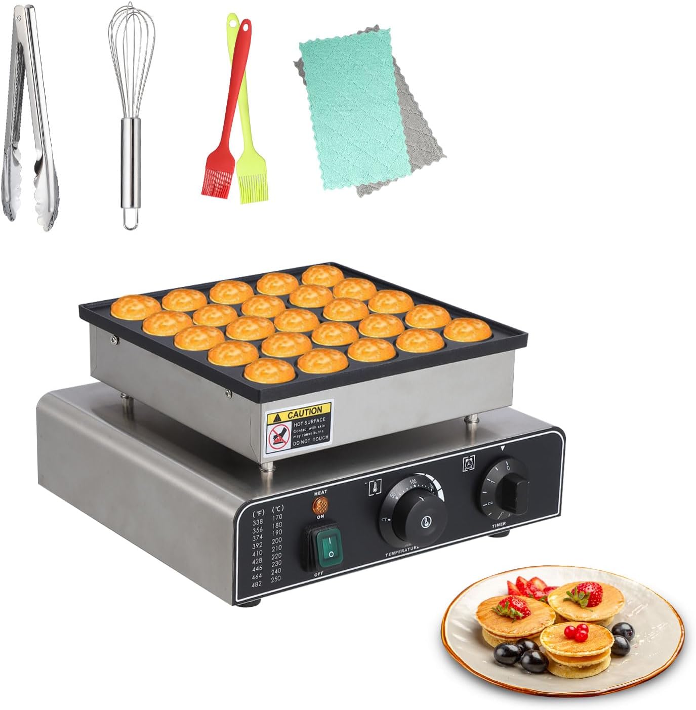 Mini Dutch Pancakes Maker Machine, 25Pcs Commercial Electric Waffle Machine Non-stick Electric Muffin Maker 1.8" Diameter Mini Pancakes Maker with 50-300℃ Separate Control for Home Kitchen