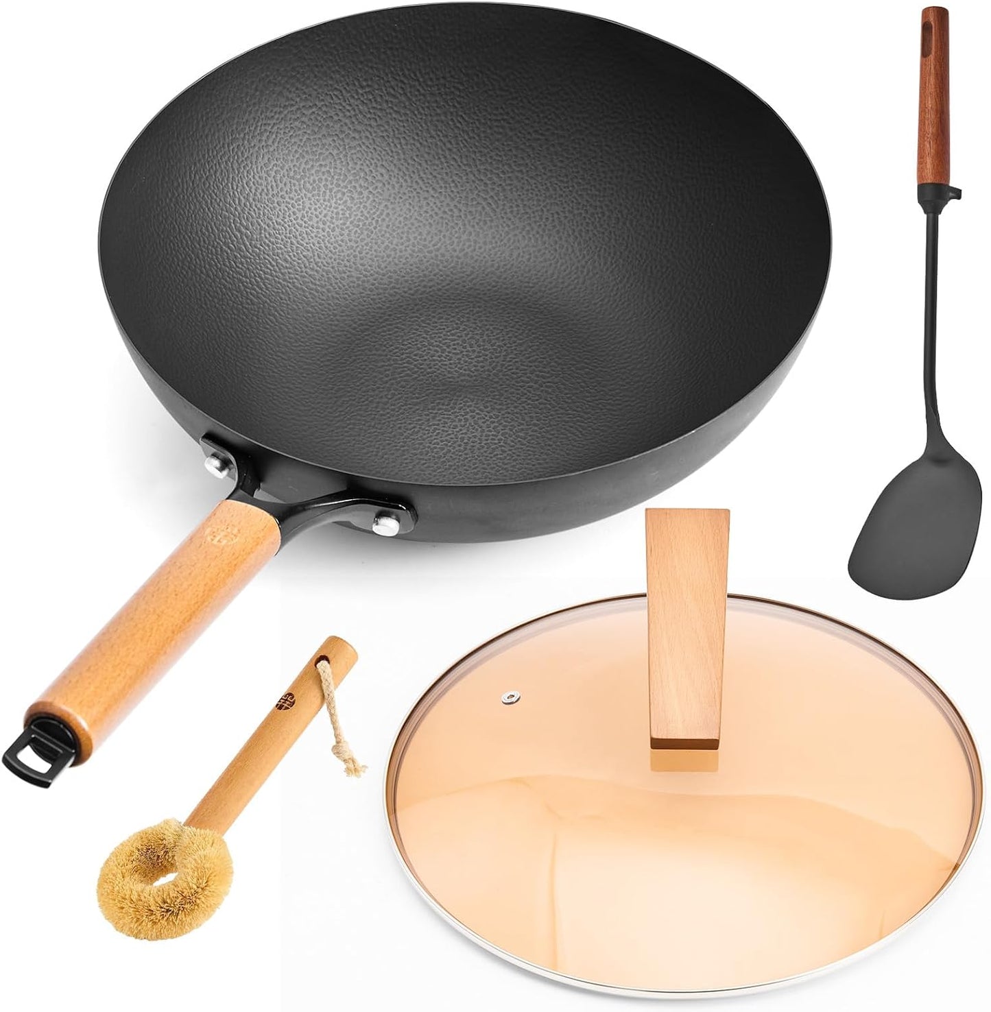 WANGYUANJI 12.6 Inch Wrought Iron Wok with Standable Glass Lid, Chemical-Free Flat Bottom Stir Fry Pan for Induction, Gas, and Electric Stoves