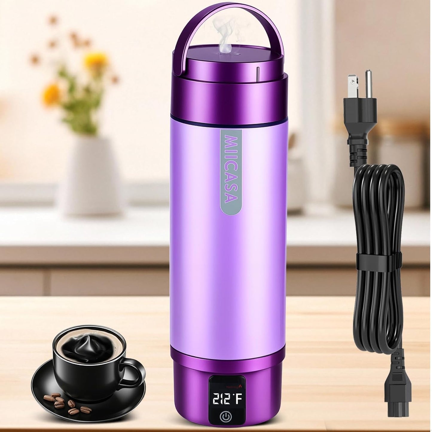 Vacuum-Insulated Portable Electric Kettle,Miicasa Stainless Steel Tumbler Small Electric Kettel,Travel Water Boiler with 6 Temperature and Auto Shut-Off Boil Dry,16oz