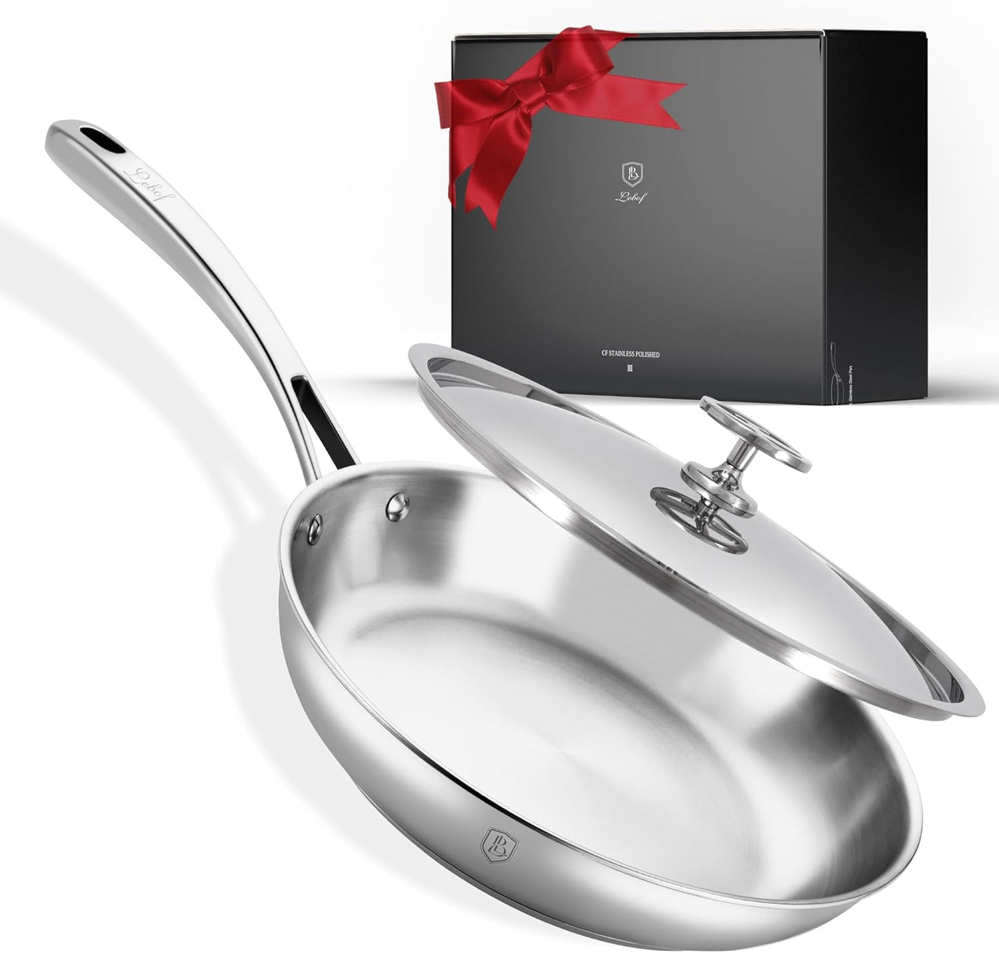 Lebof 12 Inch Stainless Steel Pan with Lid, 5-Ply Clad Base for Even Heating, 800℉ Oven Safe Frying Pan, Premium Cookware for Induction, Gas & Electric