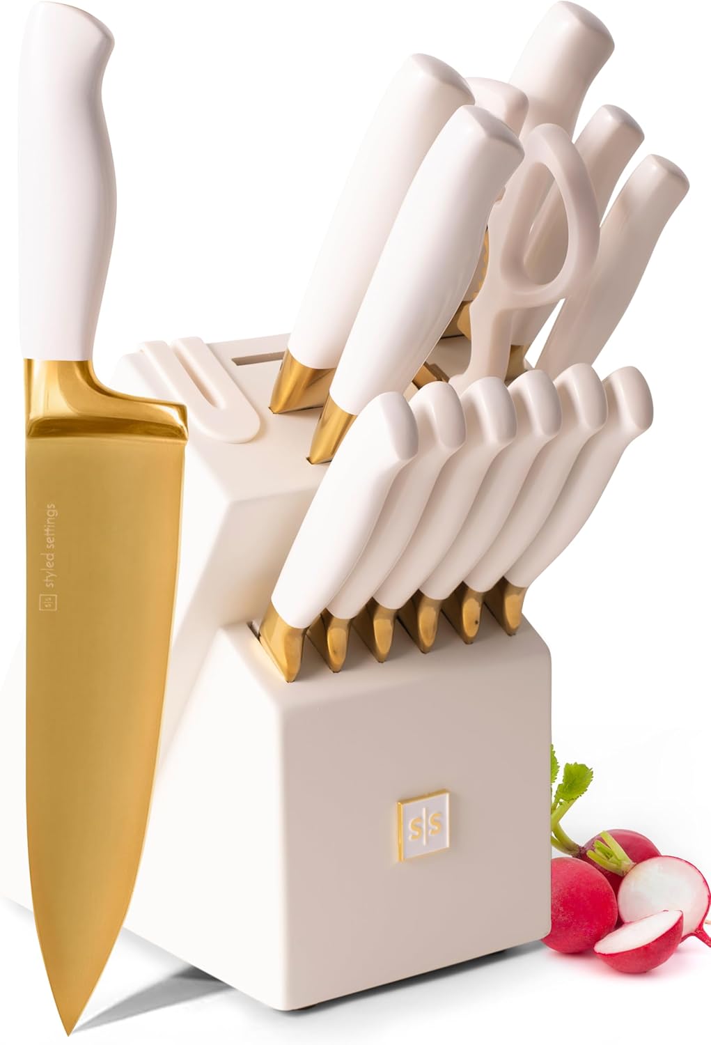 STYLED SETTINGS Gold Knife Set with Block Self Sharpening \u201314 Piece Gold and White Kitchen Knife Set with Built-In Sharpener, High Carbon Stainless Steel, Titanium Coated Blades, Luxury Kitchen