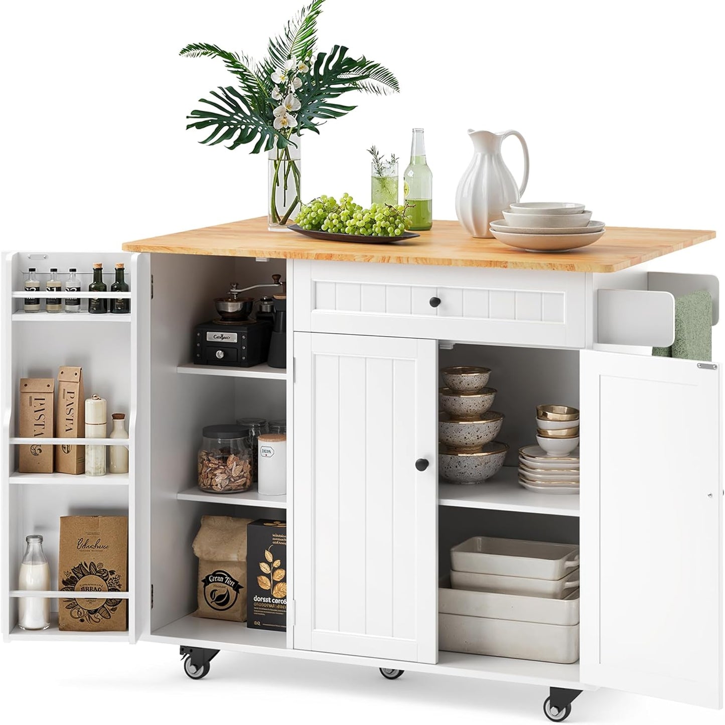 Ahomly Kitchen Island with Storage, Island Table for Kitchen with Drop Leaf, 5 Wheels, Interal Storage Rack, a Drawer, Spicy Rack and Towel Bar, Sufficient Countertop Space and Storage, White
