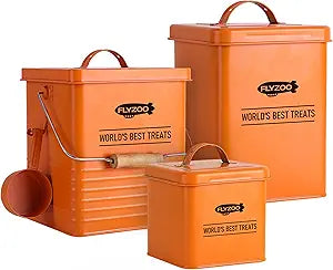 Dog and Cat Food Metal Storage Container Set, Farmhouse Pet Food Storage Containers with Lid and Dry Food Scoop (Orange)