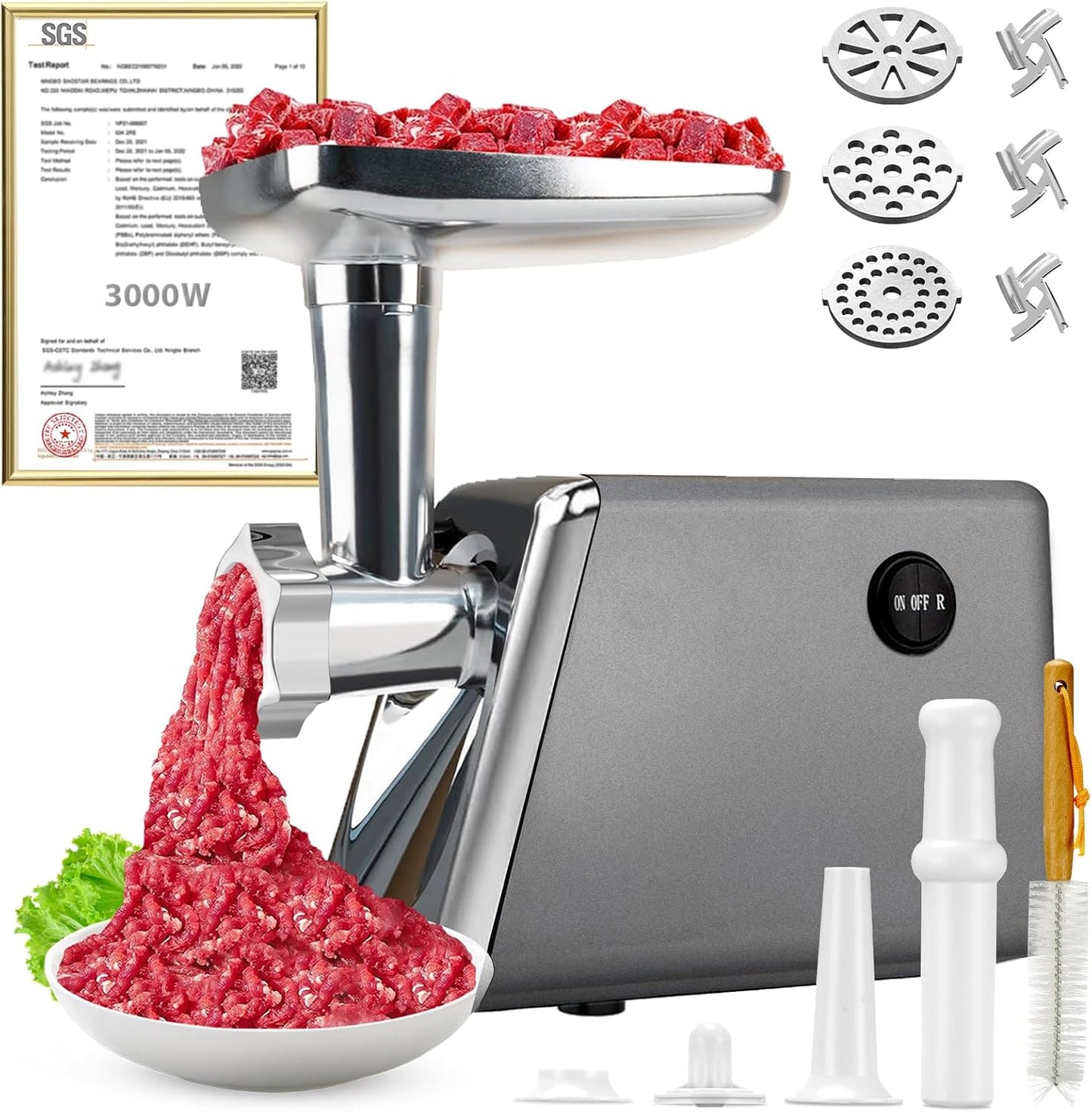 5.0 Upgrader Electric Meat Grinder 【NO.1 Germany 3000W Super Motor】【SGS Certified SUS304 Blade & Plate】3-Second Fast Meat Grinding, Perfect For Meat Grinders For Home Use-N (Gray)