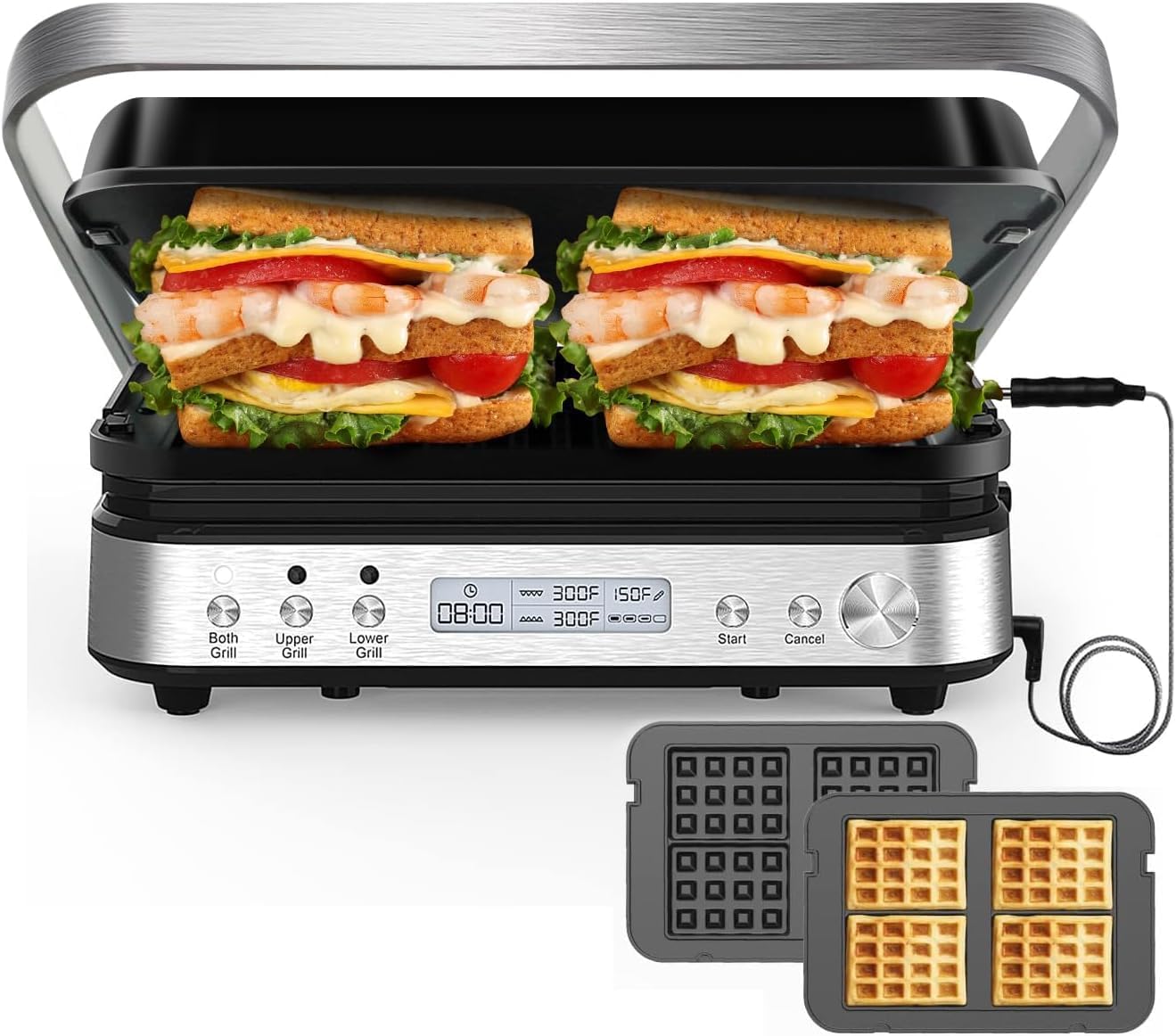 CATTLEMAN CUISINE Panini Press Grill Sandwich Maker with Removable Plates, 1600W, 6 in 1 Indoor Grill with Meat Thermometer, Electric Contact Grills for Kitchen, Stainless Steel