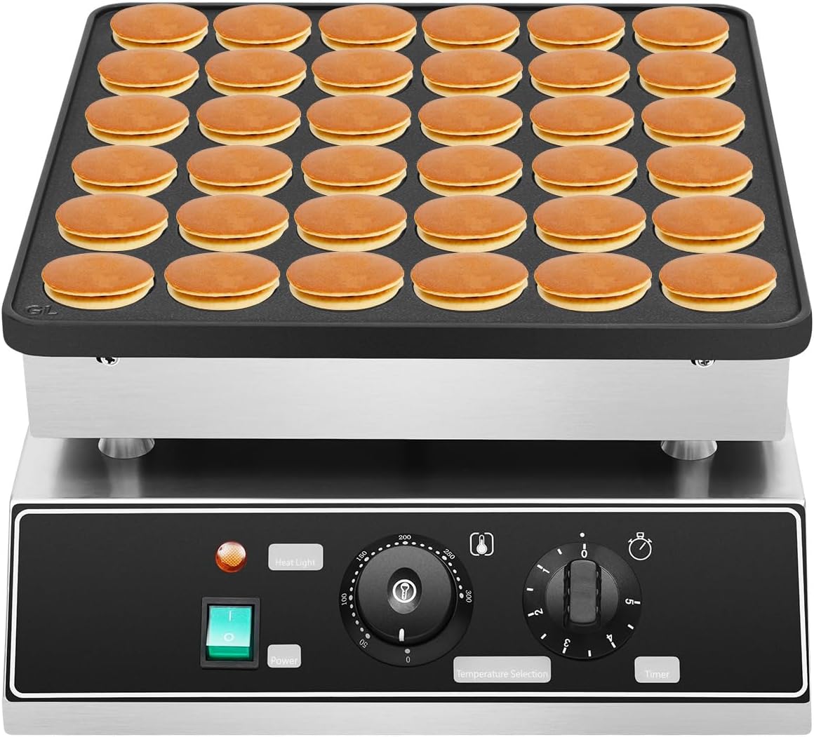 1000W Commercial Mini Pancake Maker, 36 Grids Electric Mini Pancake Griddle Non-Stick Stainless Steel Dutch Pancake Maker w\/Time & Temper Adjustable, Large Waffle Machine for Restaurant Party Food