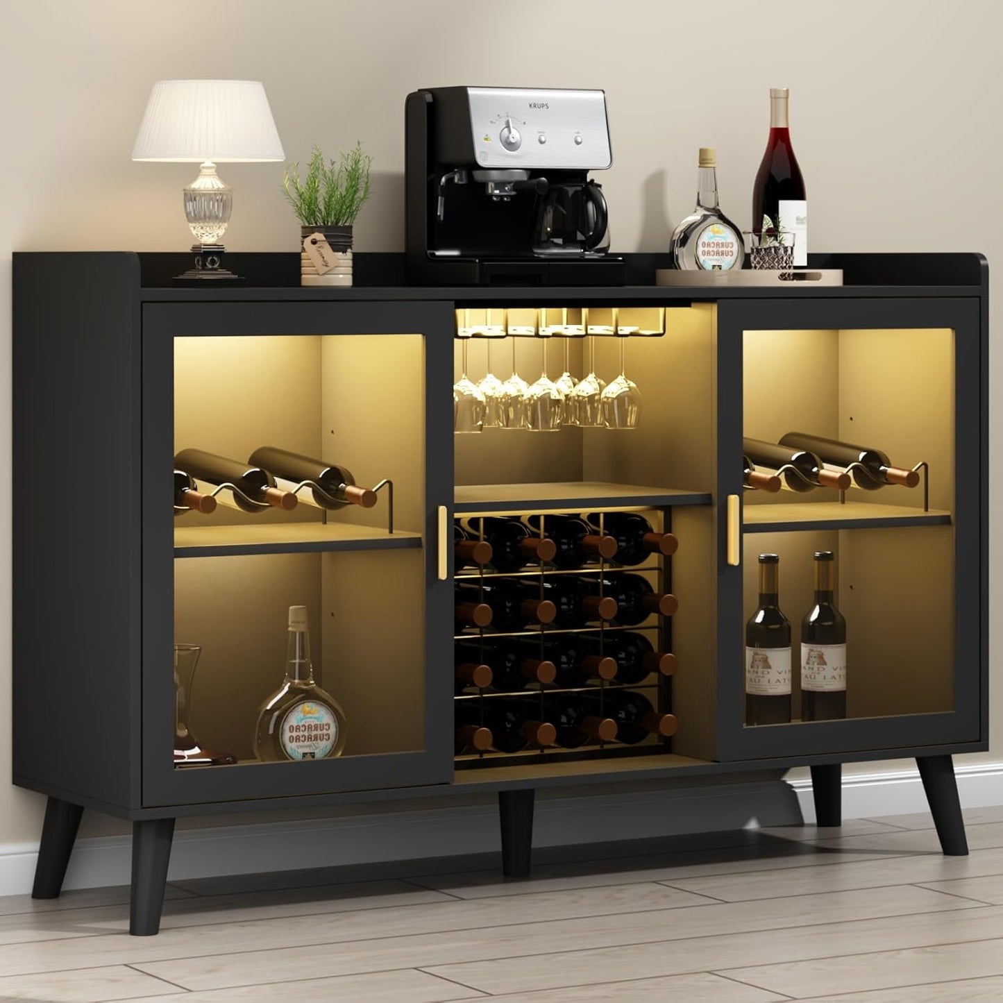 Loomie Wine Bar Cabinet with LED Light, Home Coffee Cabinet with Wine Rack and Glass Holder, Kitchen Buffet Sideboard W Storage Shelf, Freestanding Liquor Cabinet for Living Room, Dining Room (Black)