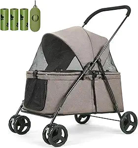 20% Larger Capacity, Wedyvko Dog Stroller for Medium/Small Pets w/Dog Poop Bags & Dispenser, Storage Pouch, Zipperless, Entry in/Out Easy (Coffee)