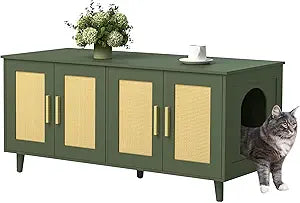 Homhedy Boho Cat Litter Box Enclosure for 2 Cats, Wooden Cat Washroom Furniture with Double Rattan Decorated Doors, Pet House,47.2â€L x 19.7â€W x 21.7â€H, Green