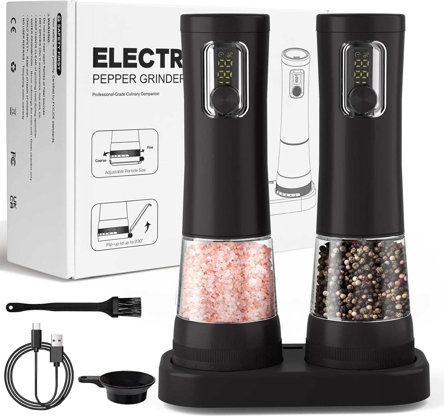 2 Pack Electric Salt and Pepper Grinder Set, Rechargeable Automatic Pepper Mill with Base,5-Level Adjustable Coarseness, Display, LED Lighting, Large Capacity-Ideal for Kitchen, BBQ Gifts (2, Black)