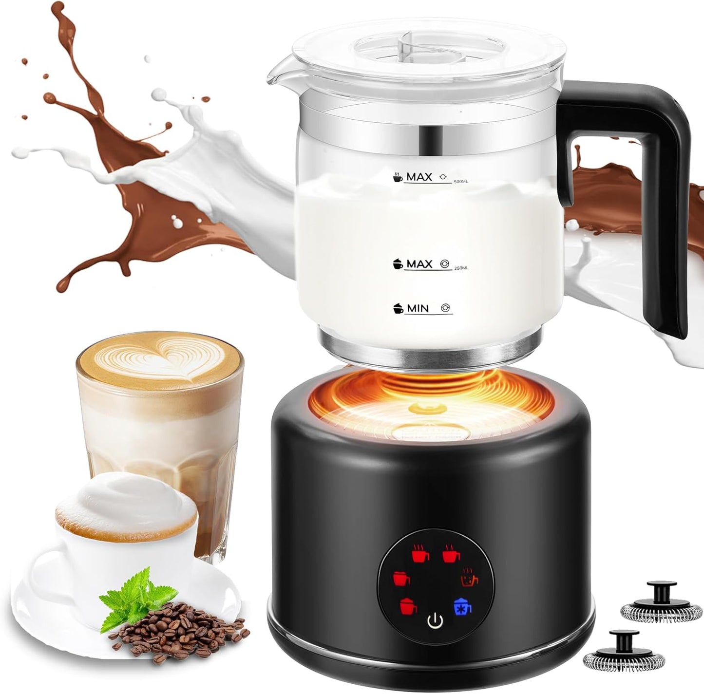 Milk Frother and Steamer, 6 in 1 Milk Steamer and Milk Warmer, 17oz Auto Shut Off Electric Frother with Touch Screen, Hot\/Cold Foam Maker for Coffee, Latte, Cappuccino, Hot Chocolate, Black