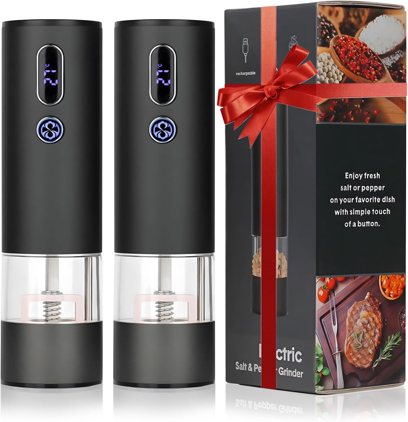 Rechargeable Electric Salt and Pepper Grinder Set with LCD Display, Adjustable Coarseness, Automatic Salt & Pepper Grinder Set for Kitchen, Aluminum Alloy Electric Pepper Mill