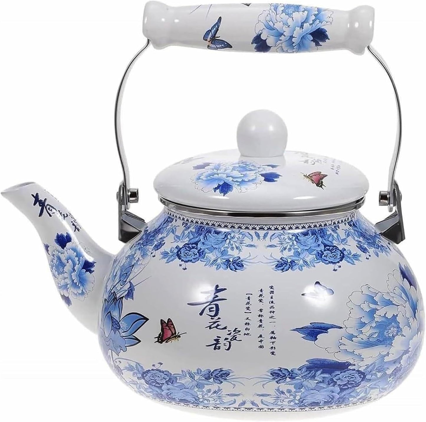 Enamel Teapot, 2.5L Large Blue Floral Vintage Tea Kettle with Ceramic Handle for Gas, Induction, Electric Stove Tops
