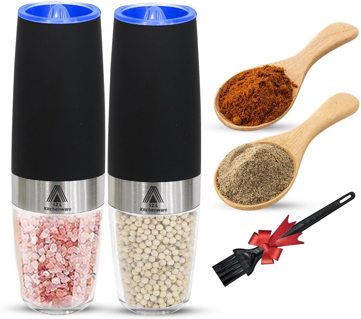 Gravity Electric Salt and Pepper Grinder Set - 2 Pack with LED Lights, Adjustable Coarseness, and One-Hand Operation - Battery Powered Salt and Pepper Mill for Effortless Seasoning