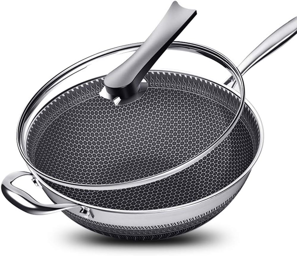 13.4” Stainless Steel Wok Pan with Lid – Honeycomb Non Stick Stir Fry Pan for Induction, Gas, Electric & Ceramic Cooktops – Tri-Ply Deep Frying Wok with Stay-Cool Handle, PFOA-Free