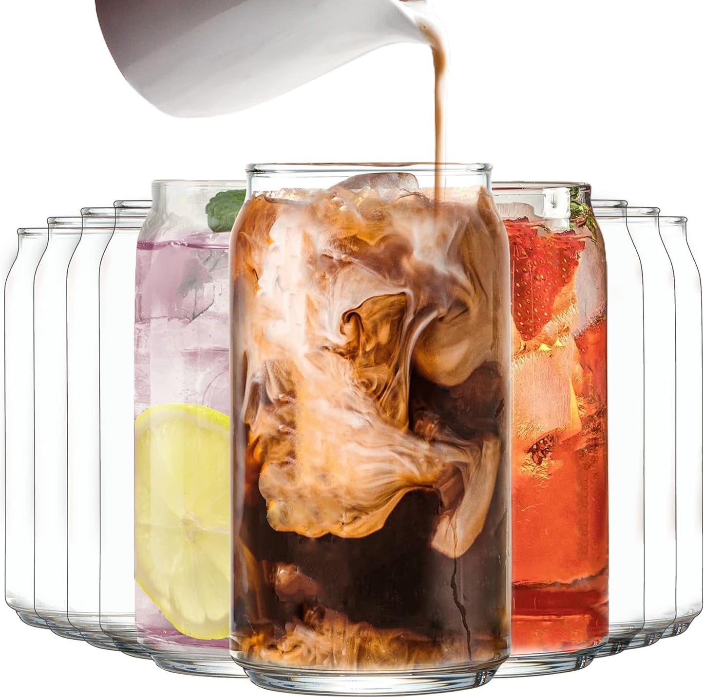 Le'raze Drinking Glasses Set of 10 - Can Shaped Glass Cups, 16oz Iced Tea/Coffee Glasses, Hurricane Tumbler Glass, Cocktail Whiskey Soda Clear Water Beer Glasses
