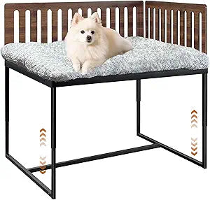 Beside Dog Bed,2 Panels Adjustable Height Dog Bunk Beds,25.5‘’x18‘’Metal Dogs Bed Frame with Cushion,Medium