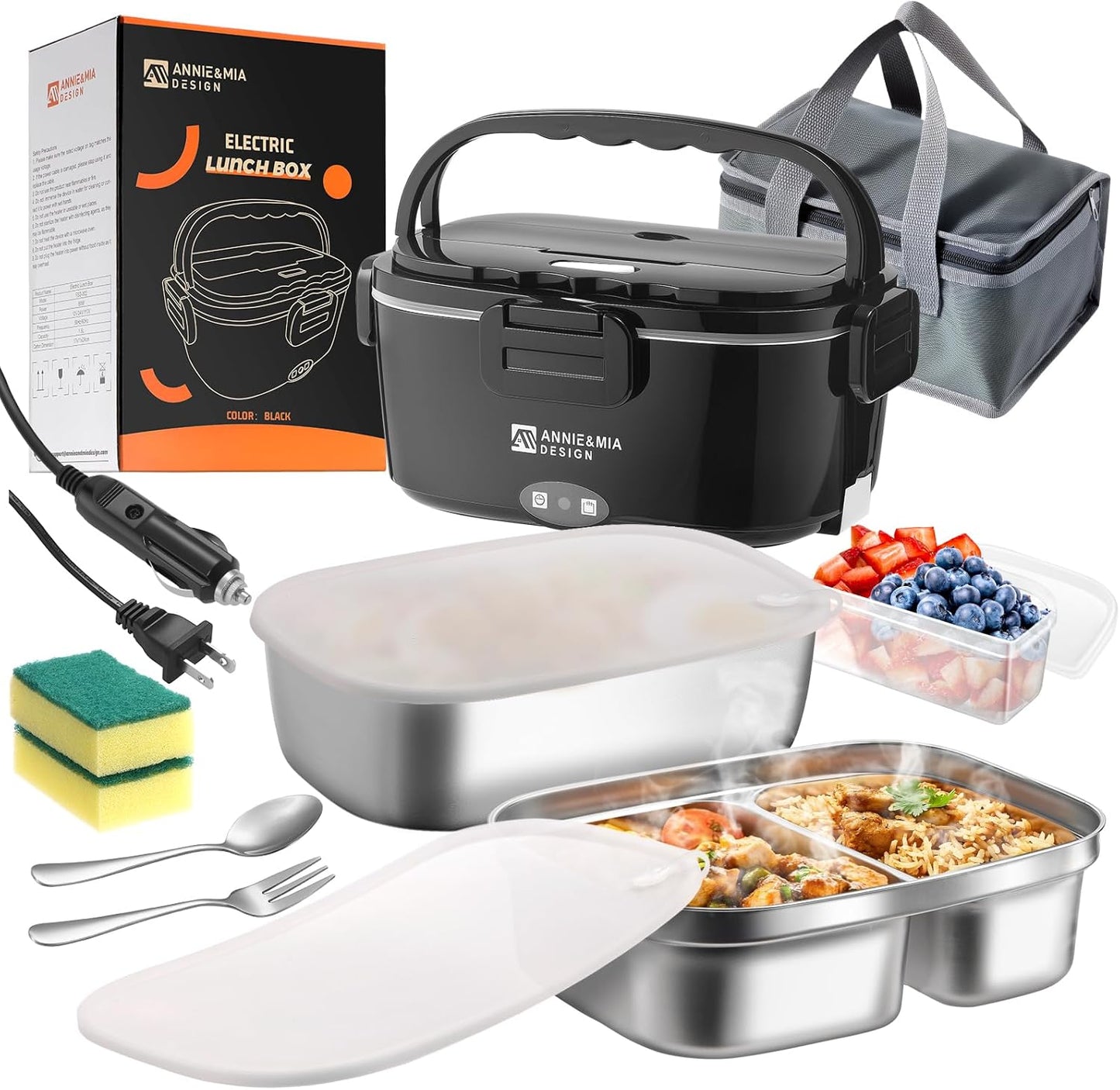 Annie & Mia Design 50-Ounce Electric Lunch Box for Adults, Dual Container Portable Food WarmerHeated Lunch Box, Home\/Car\/Office\/Truck Use, Lonchera Eléctrica Portátil (black, 1.5L Dual Container)