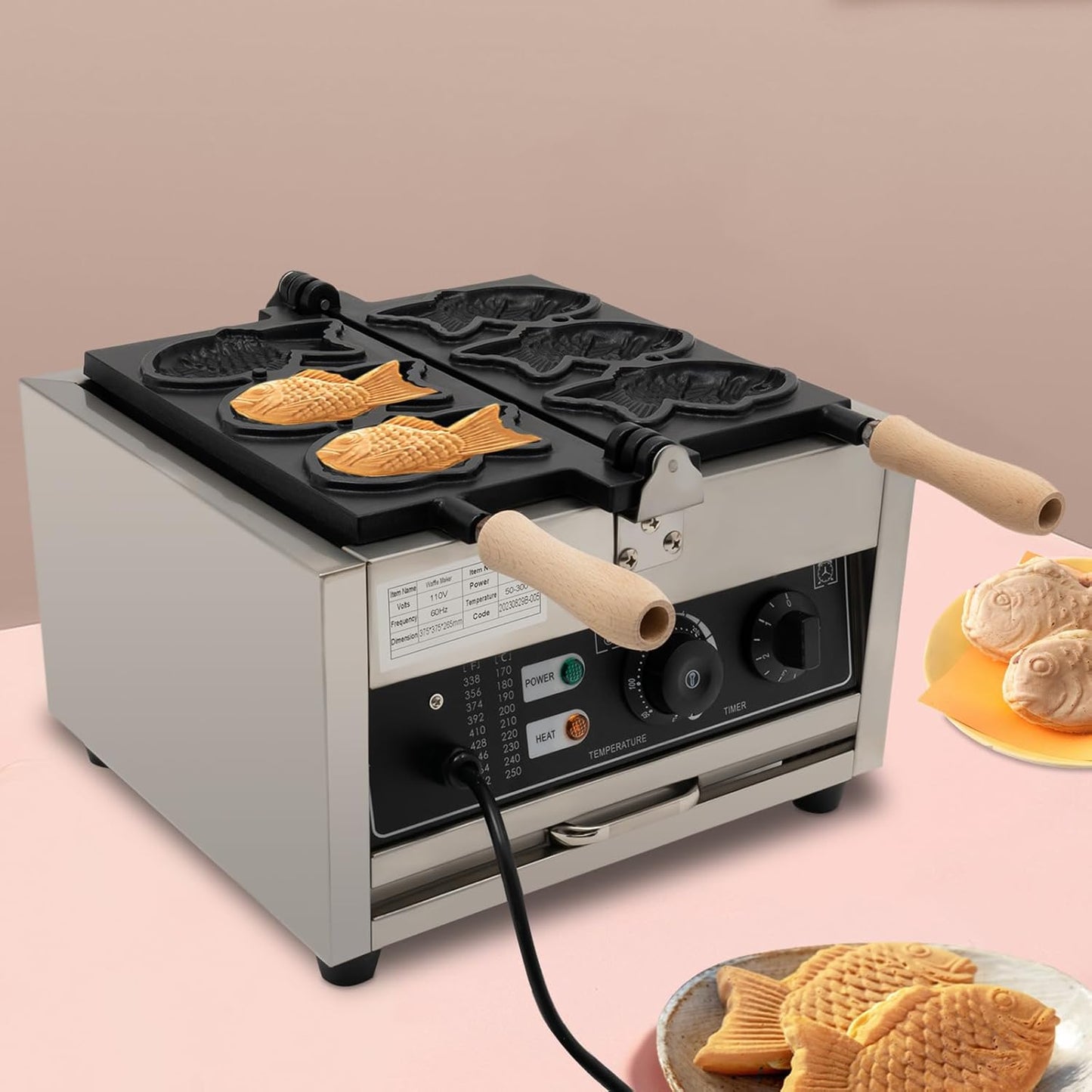 Rotating Fish Waffle Maker, 1500W Electric Taiyaki Pan with Timer & Temp Control, Non-Stick Bubble Waffle Iron for Pancakes, Muffins, Ideal for Home & Commercial Use,110V (3-Fish\/Electric)