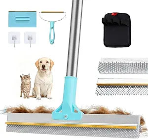 Lazyfeel Carpet Rake & Pet Hair Remover, Scraper Rake with Adjustable 18-54" Handle, Rubber Broom for Dog&Cat Hair Removal on Rugs, Mats, Couch (4-Piece Set)