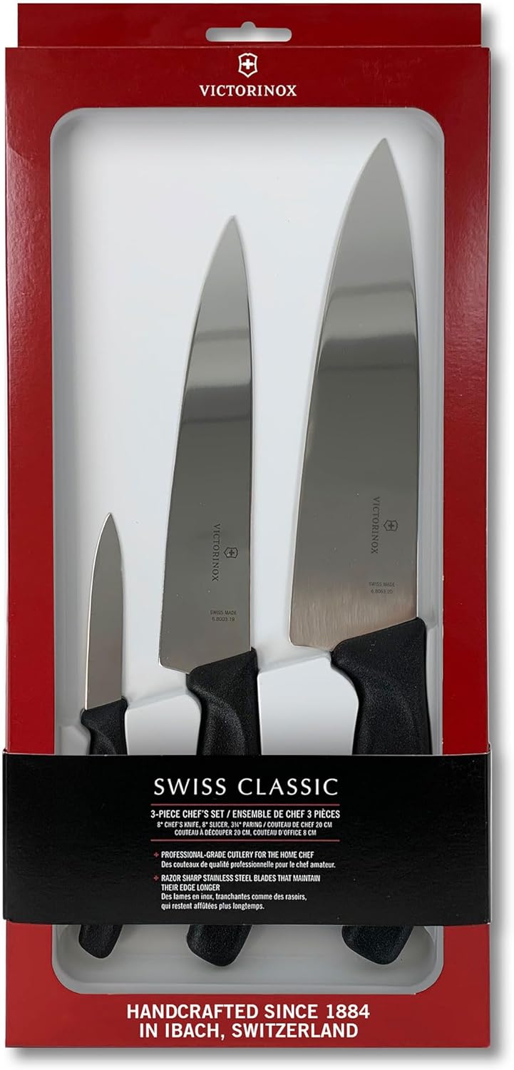 Victorinox Swiss Classic Chef's Knife Set - Balanced Cooking Knives for Kitchen Accessories - Ergonomic Meat, Vegetable & Fruit Knives - Black Handle, Straight Edge, 3-Piece Set