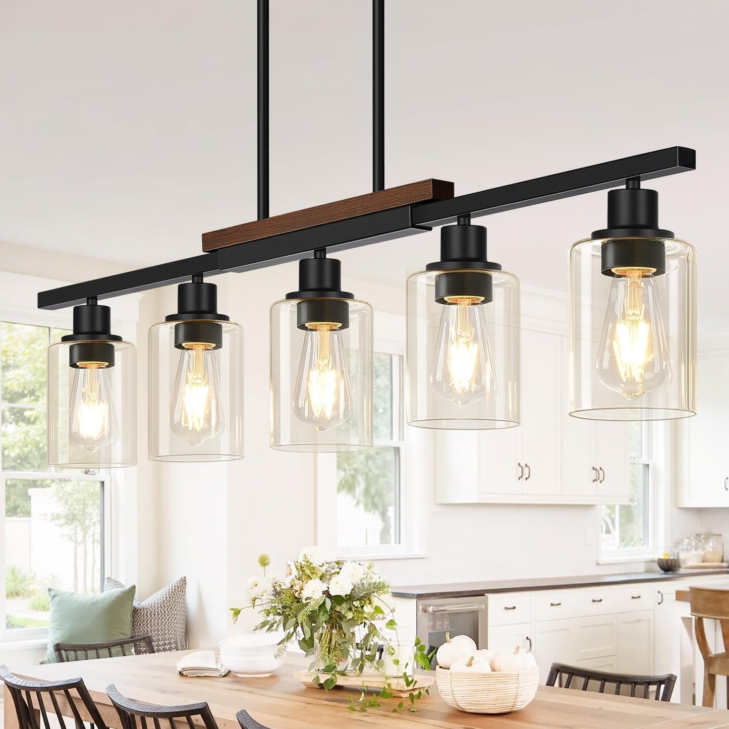 37" Farmhouse Dining Room Light Fixture Over Table, 5-Light Matte Black Wood Kitchen Island Lighting with Clear Glass Shade, Pendant Lights Linear Chandeliers for Dining Room Kitchen Island