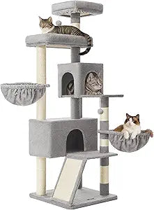 Feandrea Cat Tree, 68.5-Inch Tall Cat Tower, Multi-Level Plush Condo with Large Perch, Scratching Posts, Double Caves, Dove Gray UPCT006G01