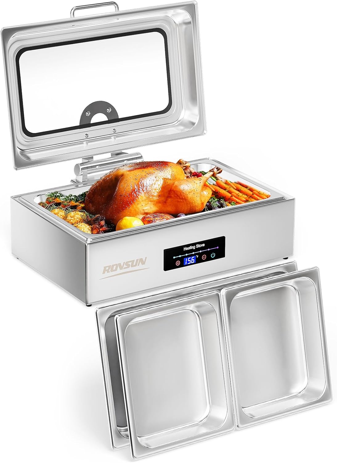 ROVSUN 9QT Electric Chafing Dishes for Buffet with Temperature Control Display, Chafing Dish Buffet Set, Stainless Steel Chafers with Glass Window, Full & Half Size Pan for Party Catering