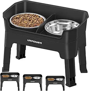 URPOWER 3-in-1 Elevated Dog Bowls - Mess Proof Double Deck 4 Height Adjustable Raised Stand with 2 Stainless Steel Food Bowls & Licking Plate for Small, Medium & Large Dogs