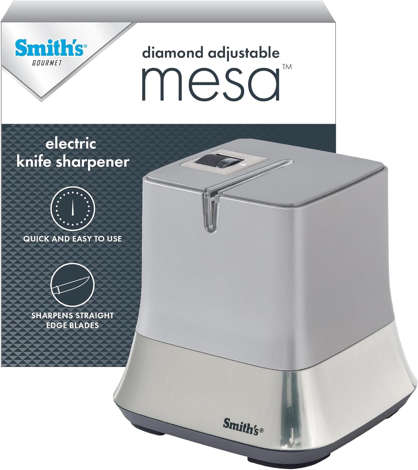 Smith\u2019s 51000 Mesa Diamond Adjustable Electric Knife Sharpener \u2013 Grey \u2013 Abrasive Sharpening Wheel + Blade Guides - Kitchen Gadgets \u2013 Quick Blade Sharpening \u2013 Compact Design \u2013 Straight Edge Blades