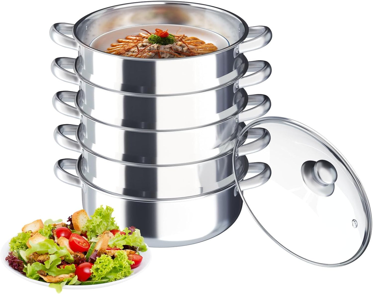 Steamer Pot, 11.8 inch 5 tier Stainless Steel Steamer Pot Cookware with Lid Handle Stackable Pan Insert for Induction\/Gas\/Electric Stoves (5 Tier)