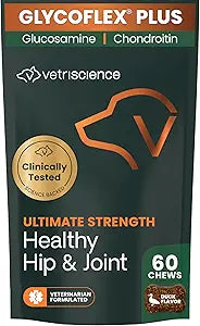 VetriScience Ultimate Strength Healthy Hip & Joint Chews, GlycoFlex Glucosamine, Chondroitin and Green-Lipped Mussel Joint Support Supplement for Dogs, Soothe Joint Discomfort, Duck, 60 Count