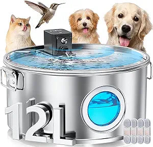 12L/ 3.4Gal Wireless Automatic Dog Water Fountain for Large Dogs,Stainless Steel 3 Modes Dog Fountain Water Bowl Dispenser, Multi Large Pet Water Fountain Ultra Quiet & Multi-Filteration