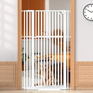 Senneny 63†Extra Tall Cat Gate Auto Close & One-Hand Open, Includes Extension Kits, No Drilling Pressure Mounted Kits and Wall Mounted Kits, Metal Pet Gate Fits Openings 33.4†to 37.4†Wide, White