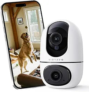 virtavo Pet Camera Indoor for Dogs & Cats, 360° PTZ Pet Monitor with Motion Tracking, Dual‑Lens, 2‑Way Audio, Night Vision, No Subscription, Wi‑Fi 6 (2.4GHz/5GHz), SD & Cloud Storage, Alexa Compatible