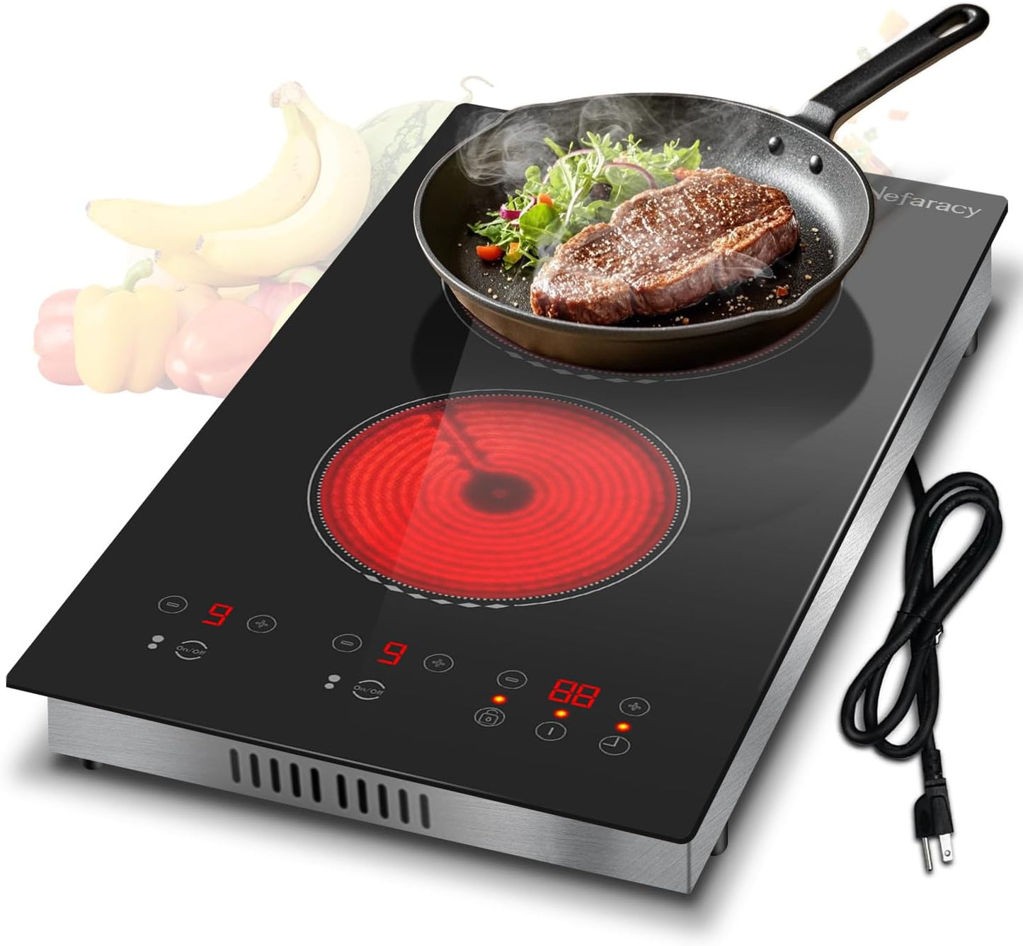 2 Burner Electric Cooktop 12 Inch, 110V Electric Stove with Touch Control, 2000W Ceramic Cooktop, Built-in & Countertop, Overflow Protection, Safety Lock, Timer(Plug in)