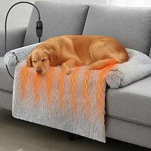 Heated Dog Couch Bed for Large Size Dog Adjustable Temperature & Timer 45 x 37 x 6 in Calming Plush Fur Pet Bed Couch Cover with Electric Heating Pad Fluffy Plush Sofa Mat for Large Medium Dogs Cats