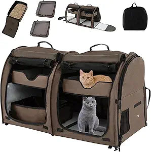 Giantex 40 Inch Cat Carrier with Double Compartments, Travel Litter Box, 2 Removable Hammocks and Mats, Portable Cat House Pet Kennel Dog Crate with Carry Bag for Car Trip Camping (Brown)