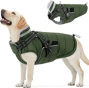 Queenmore Dog Coats for Large Dogs Winter Waterproof with Harness Built-in, Pet Puffer Warm Jacket with Harness for Snow/Cold Weather for Large Breed - Fleece Lining Easy-on Reflective, Green L