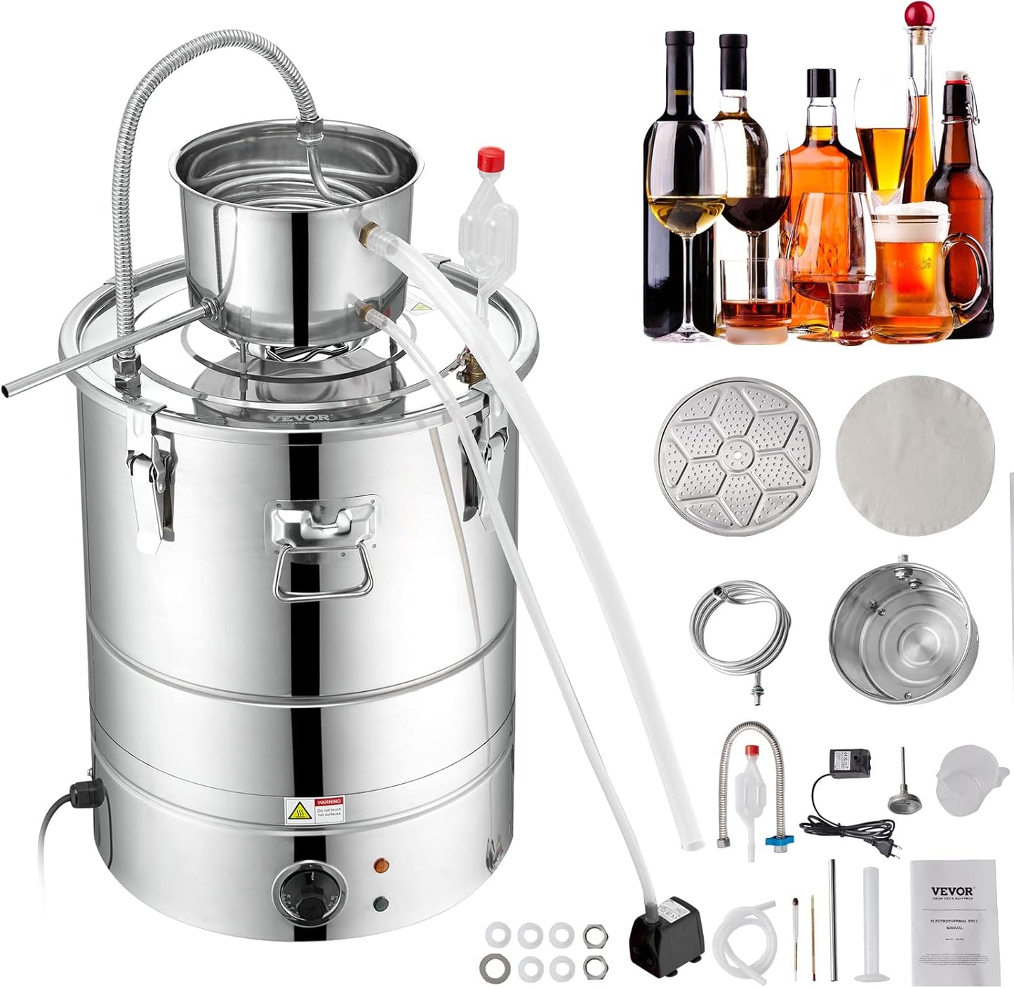 VEVOR Electric Alcohol Still 8Gal\/30L, Alcohol Distiller, Distillery Kit for Alcohol include Pump & One-way Exhaust Valve & Thermometer