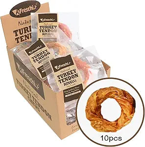 A Freschi srl Turkey Tendons for Dogs, USA-Sourced, Healthy Dog Treats, Rawhide-Free Puppy Chews, Long Lasting, All Natural, Hypoallergenic Dog Treats for Large Breeds, 10 Count Box Ring (L)
