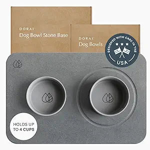 Dorai Home Ceramic Dog Bowls with Stone Drying Mat – Diatomaceous Earth Stone Mat with Non-Slip Base, Quick-Drying Pet Bowl Set for Medium Dogs, Ceramic Dog Water Bowl & Food Dish Set (23.6" x 15.4")
