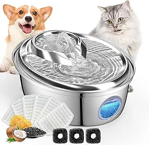 ORSDA Stainless Steel Cat Water Fountain, Automatic Pet Drinking Fountain, 100oz/3L Dog Water Dispenser with LED Water Level Window- 9Pcs Filters( D66
