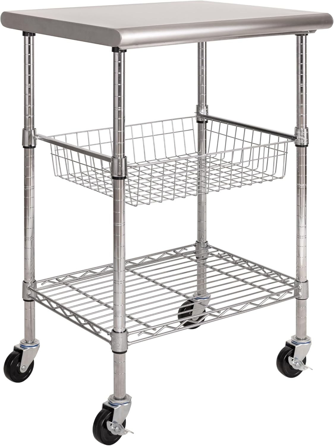 Seville Classics Commercial Work Table Island Utility Cart Prep Station, for Restaurant, Kitchen, Warehouse, Garage, Hotel, Home, Stainless-Steel Top NSF , 24" W x 20" D