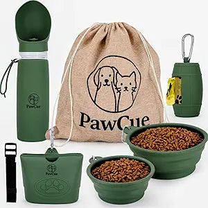 Dog Travel Kit 7-in-1 – Collapsible Bowls, Water Bottle, Treat Pouch, Waste Bag Holder, Strap & Carry Bag – Portable Pet Travel Essentials for Walks, Hiking, Road Trips & Everyday Use – PawCue