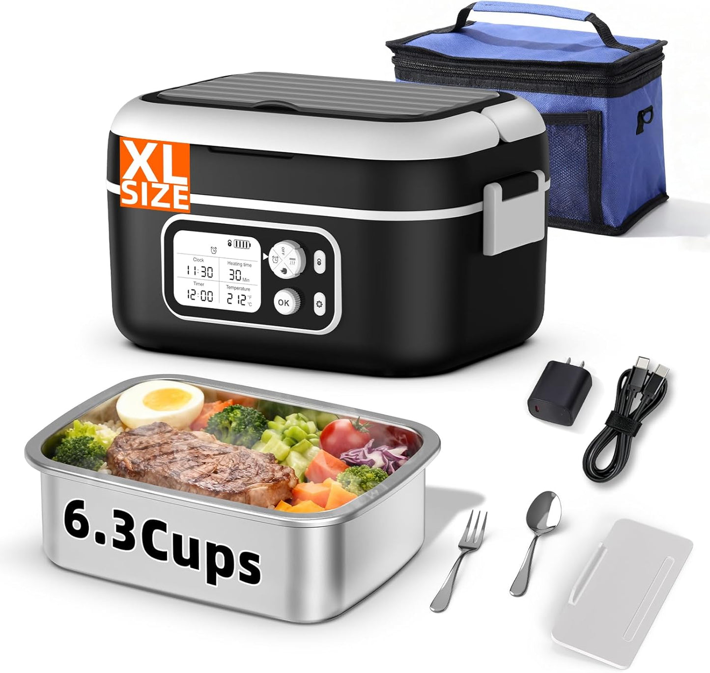 Cordless Electric Heated Lunch Box for Adults, XL 6.3-Cups 24000mAh Rechargeable Battery Powered Smart Self Heating Lunchbox for Men Women, 100W Food Warmer for Trucks Driver Travel Office Worker