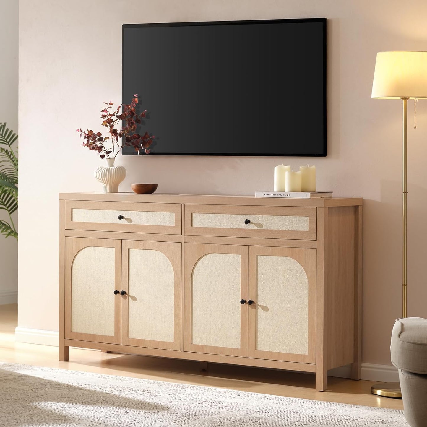 60'' Large Sideboard Buffet Cabinet with Storage, Rattan Accent Cabinet with Doors Drawers and Adjustable Shelves, Farmhouse Credenza Wood Coffee Bar Cabinets for Living Room Kitchen Entryway, Natural