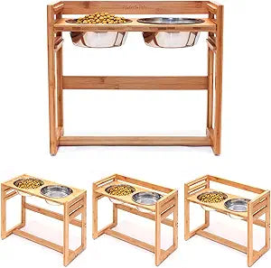 Adjustable Height Elevated Dog Bowls for Large Dogs- 12â€, 14â€, or 16†Tall with Four Stainless Steel Dog Bowls by Pawfect Pets