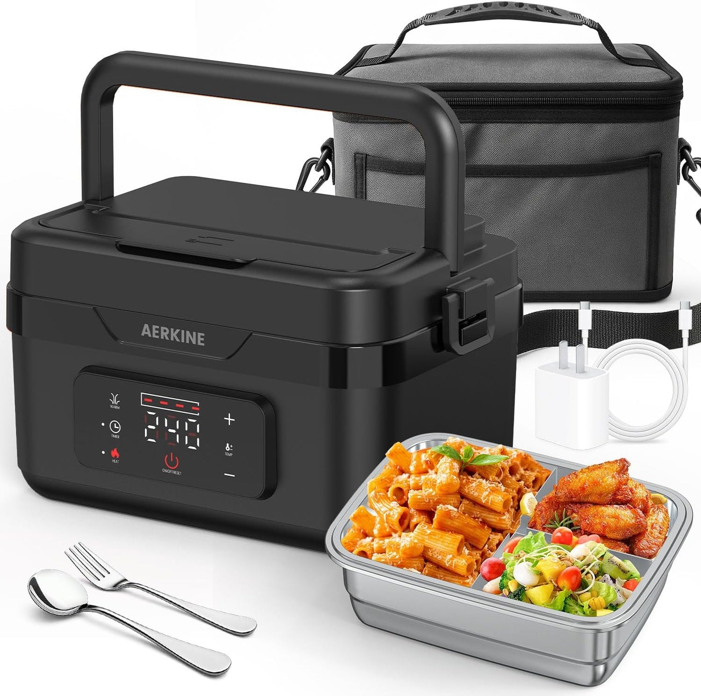 AERKINE Electric Lunch Box - Rechargeable 75W Self-Heating Food Warmer with 6.3 Cups(1.5L) Stainless Steel Container, Heated Lunch Box For Office, Picnic, Car & Outdoor Use(Black)