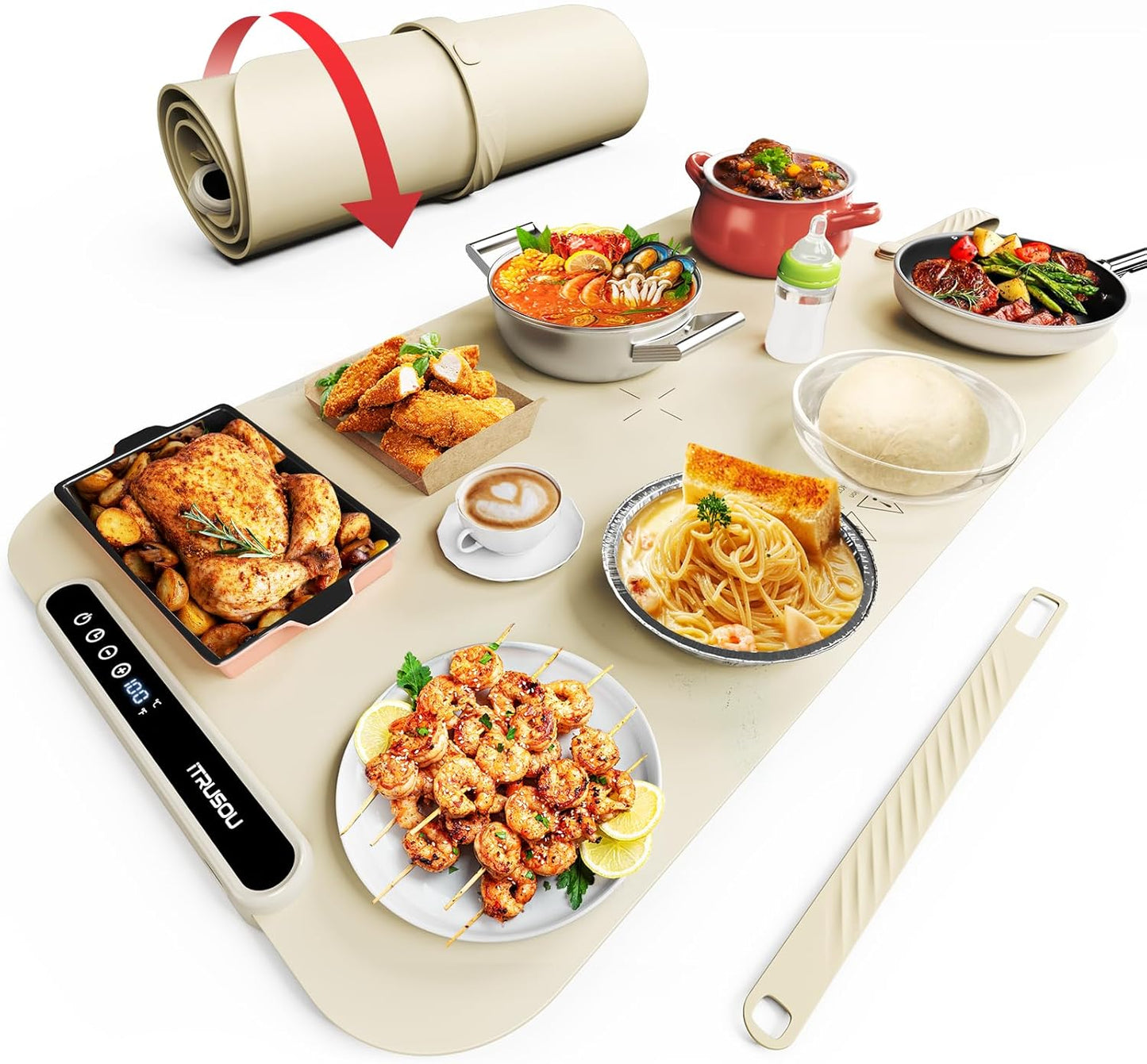 Food Warming Mat, iTRUSOU 27.5x16'' Electric Warming Tray with 7 Temp-Settings, 1-99h Flexible Timer, Switchable °F\/°C, Rollable Food Warmer Keep Food Warm at Buffet, Party, Sabbath, Daily Use